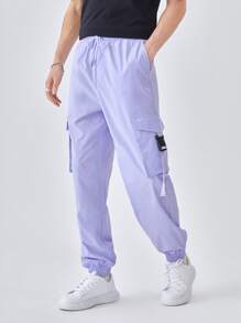 Manfinity RebelGame 1入組帶扣細節側翻蓋口袋腰部抽繩工裝褲 - 紫丁香色 - 查看 6