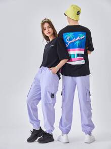 Manfinity RebelGame 1入組帶扣細節側翻蓋口袋腰部抽繩工裝褲 - 紫丁香色 - 查看 7