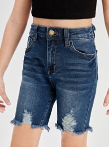 SHEIN Girls High Waist Ripped Cat Whisker Denim Shorts