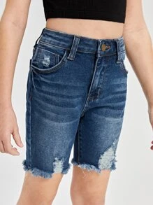 SHEIN Girls High Waist Ripped Cat Whisker Denim Shorts
