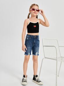 SHEIN Girls High Waist Ripped Cat Whisker Denim Shorts