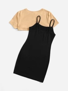 SHEIN 少女高低不規則上衣和熊印花背心裙