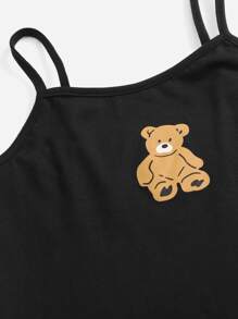 SHEIN 少女高低不規則上衣和熊印花背心裙