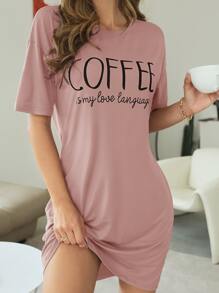 Slogan Graphic Drop Shoulder Pajama Nightdress - Dusty Pink - View 1