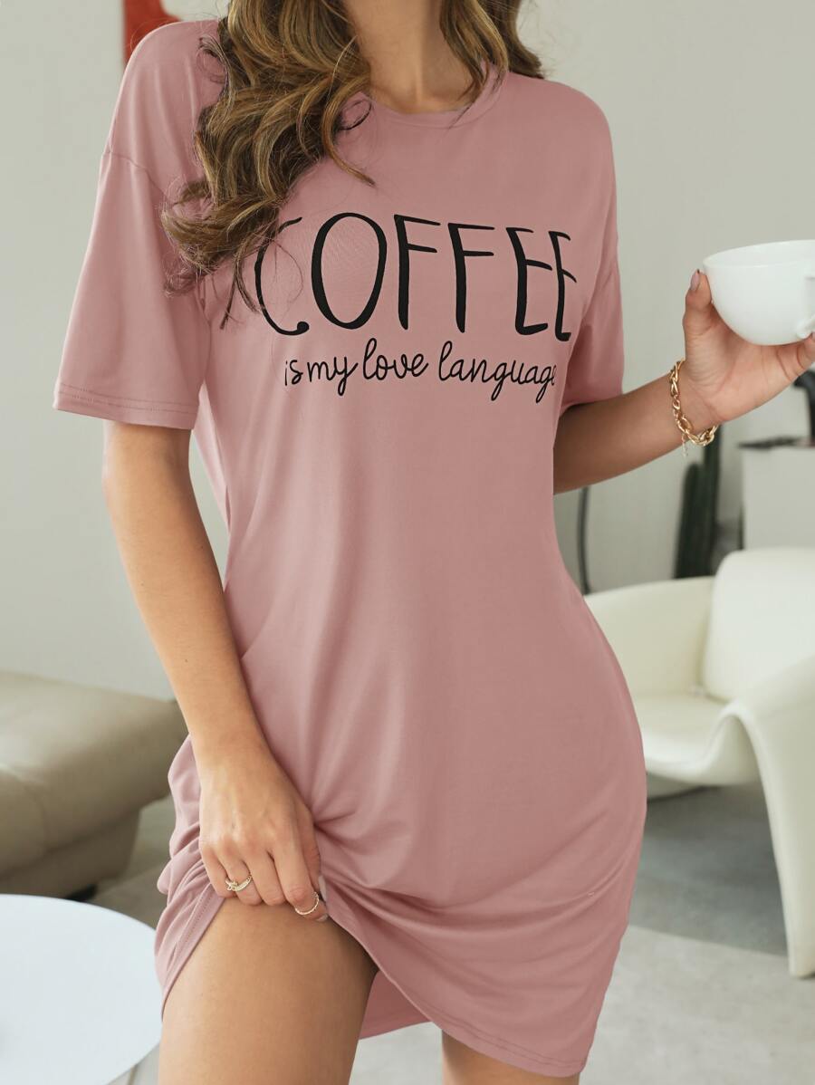 Slogan Graphic Drop Shoulder Pajama Nightdress - Dusty Pink - View 1