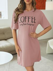 Slogan Graphic Drop Shoulder Pajama Nightdress - Dusty Pink - View 3