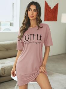 Slogan Graphic Drop Shoulder Pajama Nightdress - Dusty Pink - View 4