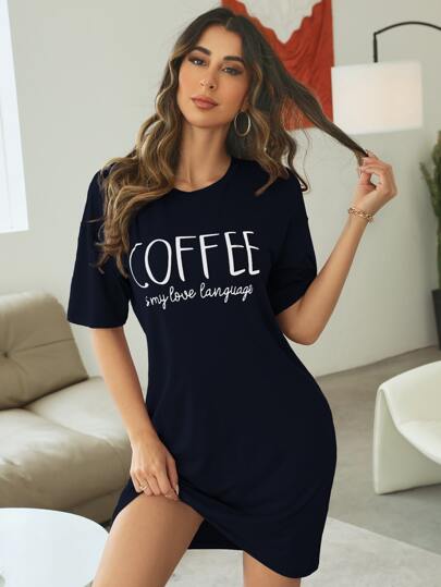 Slogan Graphic Drop Shoulder Pajama Nightdress view 4