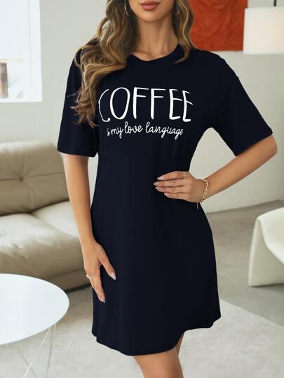 Slogan Graphic Drop Shoulder Pajama Nightdress view 5