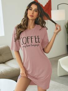 Slogan Graphic Drop Shoulder Pajama Nightdress - Dusty Pink - View 5