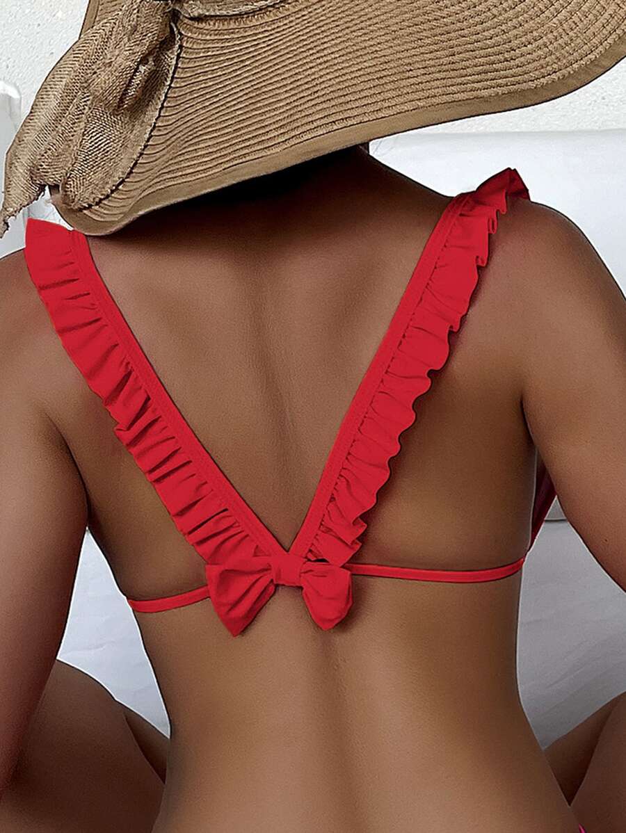 Áo bikini tam giác nơ sau viền tua rua, cho kỳ nghỉ hè trên bãi biển - Màu Hồng  Dưa hấu - Xem 1