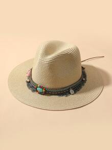 Mũ rơm trang trí tua & hạt - Màu be - Xem 1