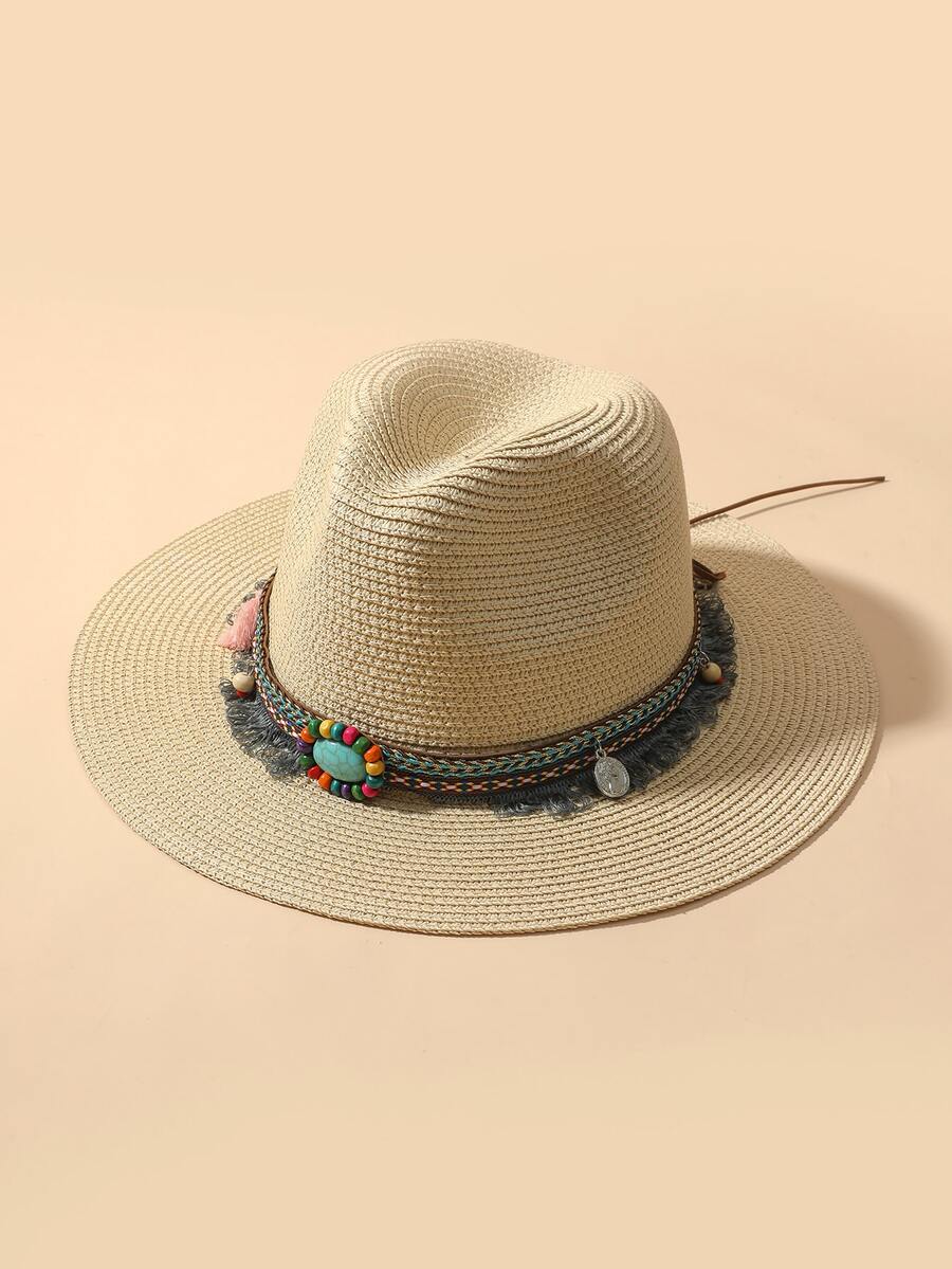 Mũ rơm trang trí tua & hạt - Màu be - Xem 1