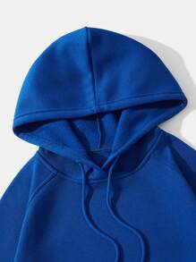 Men Kangaroo Pocket Drawstring Thermal Hoodie - Royal Blue - View 5