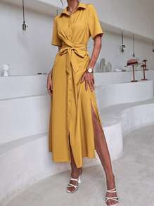 Solid Split Thigh Button Front Shirt Dress - Yellow - View 1