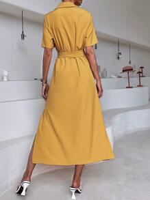 Solid Split Thigh Button Front Shirt Dress - Yellow - View 2