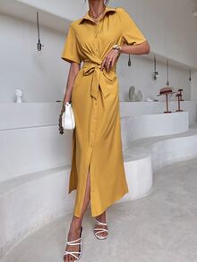 Solid Split Thigh Button Front Shirt Dress - Yellow - View 4