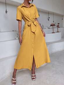 Solid Split Thigh Button Front Shirt Dress - Yellow - View 5