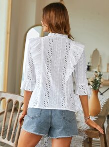 Chiquease Blusa schiffy ribete con fruncido con botón de manga con volante - Blanco - Ver 2