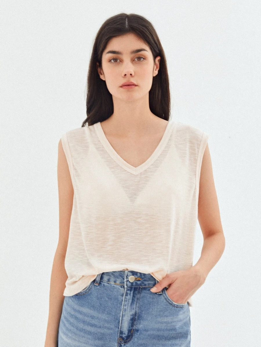 SHEIN Áo hai dây màu trơn Giải trí - Màu be - Xem 1