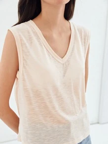 SHEIN Áo hai dây màu trơn Giải trí - Màu be - Xem 5