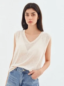 SHEIN Áo hai dây màu trơn Giải trí - Màu be - Xem 7