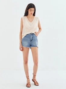 SHEIN Áo hai dây màu trơn Giải trí - Màu be - Xem 9