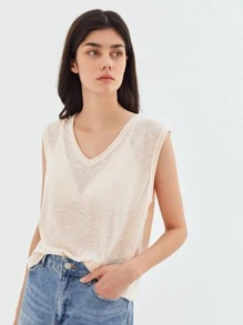 SHEIN Áo hai dây màu trơn Giải trí - Màu be - Xem 10