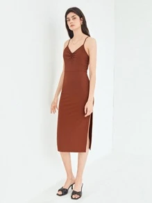 SHEIN 再生滌高開衩連衣裙 - 鏽棕色 - 查看 1