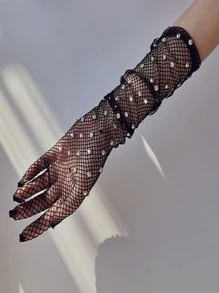 Guantes largos con diseño de diamante de imitación de malla - Negro - Ver 1