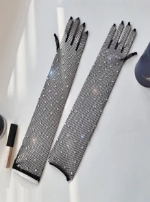 Guantes largos con diseño de diamante de imitación de malla - Negro - Ver 2