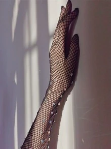 Guantes largos con diseño de diamante de imitación de malla - Negro - Ver 3