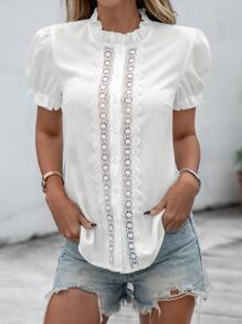 Contrast Guipure Lace Frilled Blouse - White - View 4