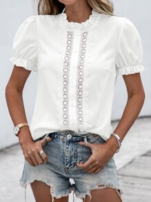 Contrast Guipure Lace Frilled Blouse - White - View 5