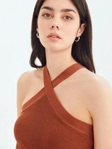 SHEIN Áo len nữ vest Gân đan màu trơn Giải trí - Rỉ Nâu - Xem 3