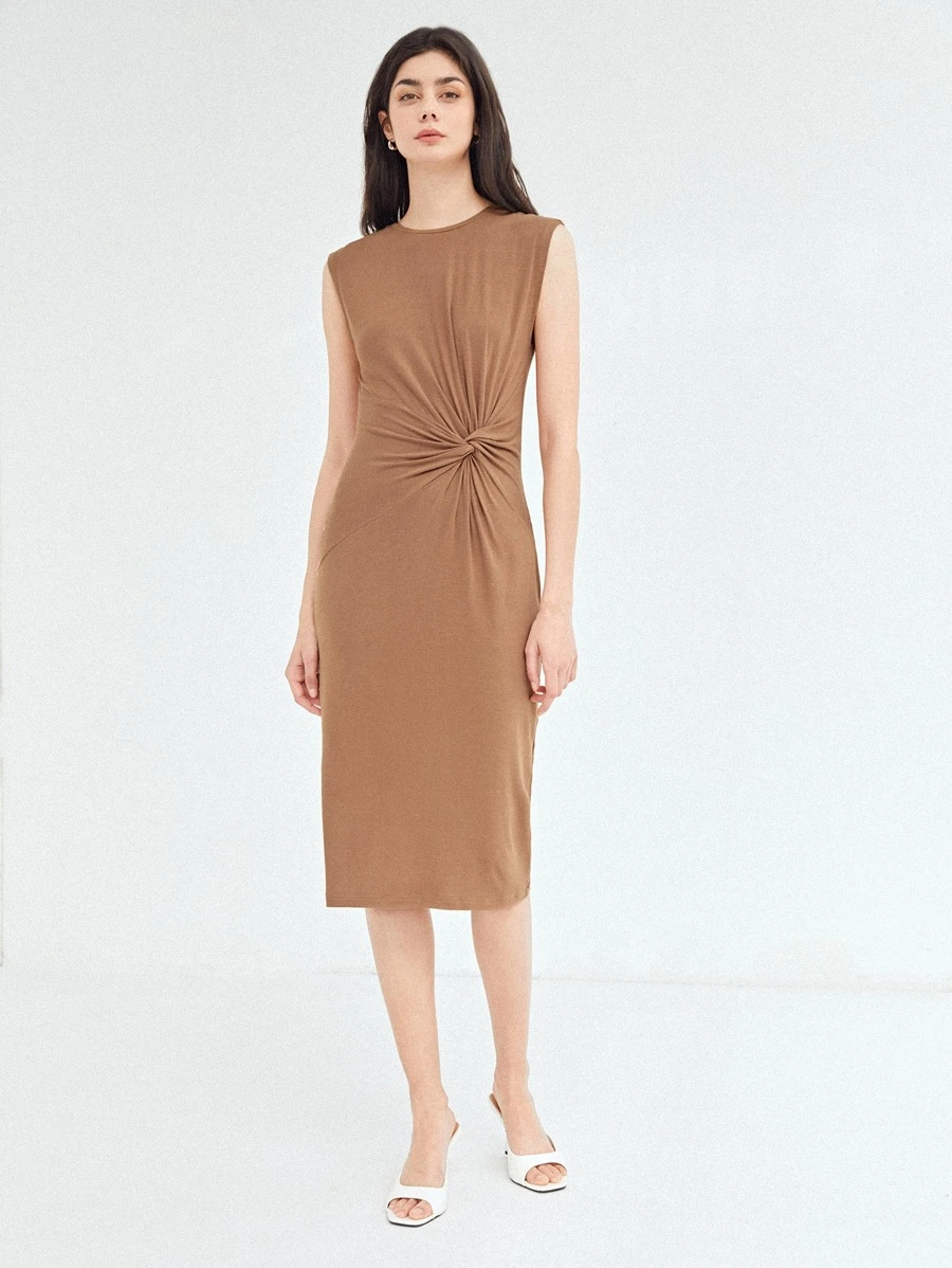 SHEIN 扭結連衣裙粘膠纖維 - 卡其色 - 查看 1