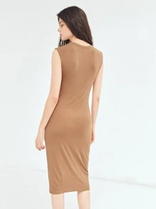 SHEIN 扭結連衣裙粘膠纖維 - 卡其色 - 查看 2