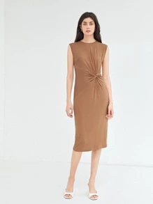 SHEIN 扭結連衣裙粘膠纖維 - 卡其色 - 查看 3