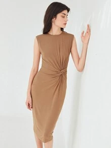 SHEIN 扭結連衣裙粘膠纖維 - 卡其色 - 查看 4