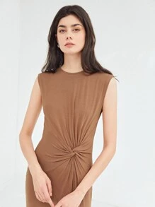 SHEIN 扭結連衣裙粘膠纖維 - 卡其色 - 查看 6