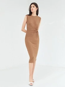 SHEIN 扭結連衣裙粘膠纖維 - 卡其色 - 查看 8