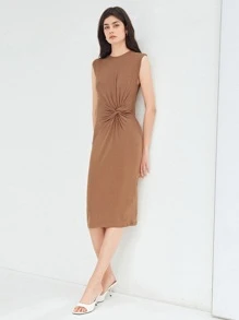 SHEIN 扭結連衣裙粘膠纖維 - 卡其色 - 查看 9