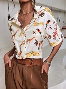 SHEIN LUNE 動物和字母圖案前紐扣襯衫 - 米色 - 查看 4