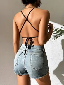 SHEIN PETITE Áo hai dây Lộ Lưng Buộc lại màu trơn Gợi cảm - màu đen - Xem 2