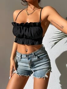 SHEIN PETITE Áo hai dây Lộ Lưng Buộc lại màu trơn Gợi cảm - màu đen - Xem 1