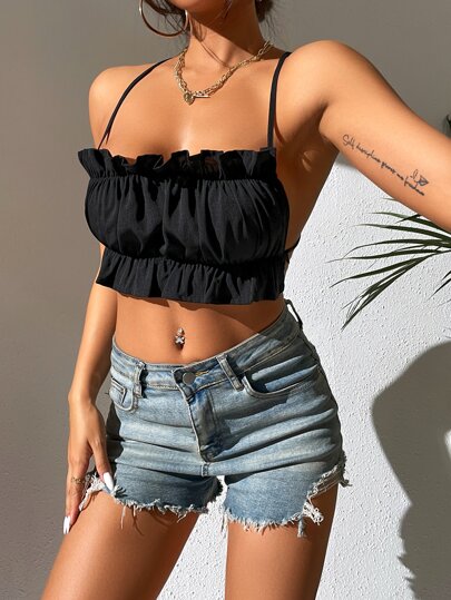 Crop Cami Top mit Rüschenbesatz, Kreuzgurt, Kreuzgurt auf Rücken