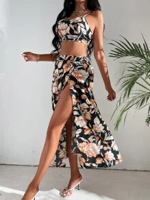 SHEIN SXY Floral Print Cami Top & Wrap Skirt - Multicolor - View 3