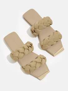 Metal Decor Braided Detail Slide Sandals - Khaki - View 1