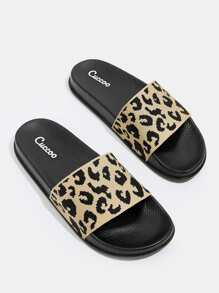CUCCOO BASICS Woman Shoes Knit Detail Leopard Pattern Slides For Summer Vacation Shoes Summer Back To School Shoes College Student Shoes For Casual Beach Style - Camel - View 2