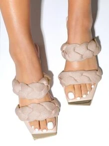 Metal Decor Braided Detail Slide Sandals - Apricot - View 1